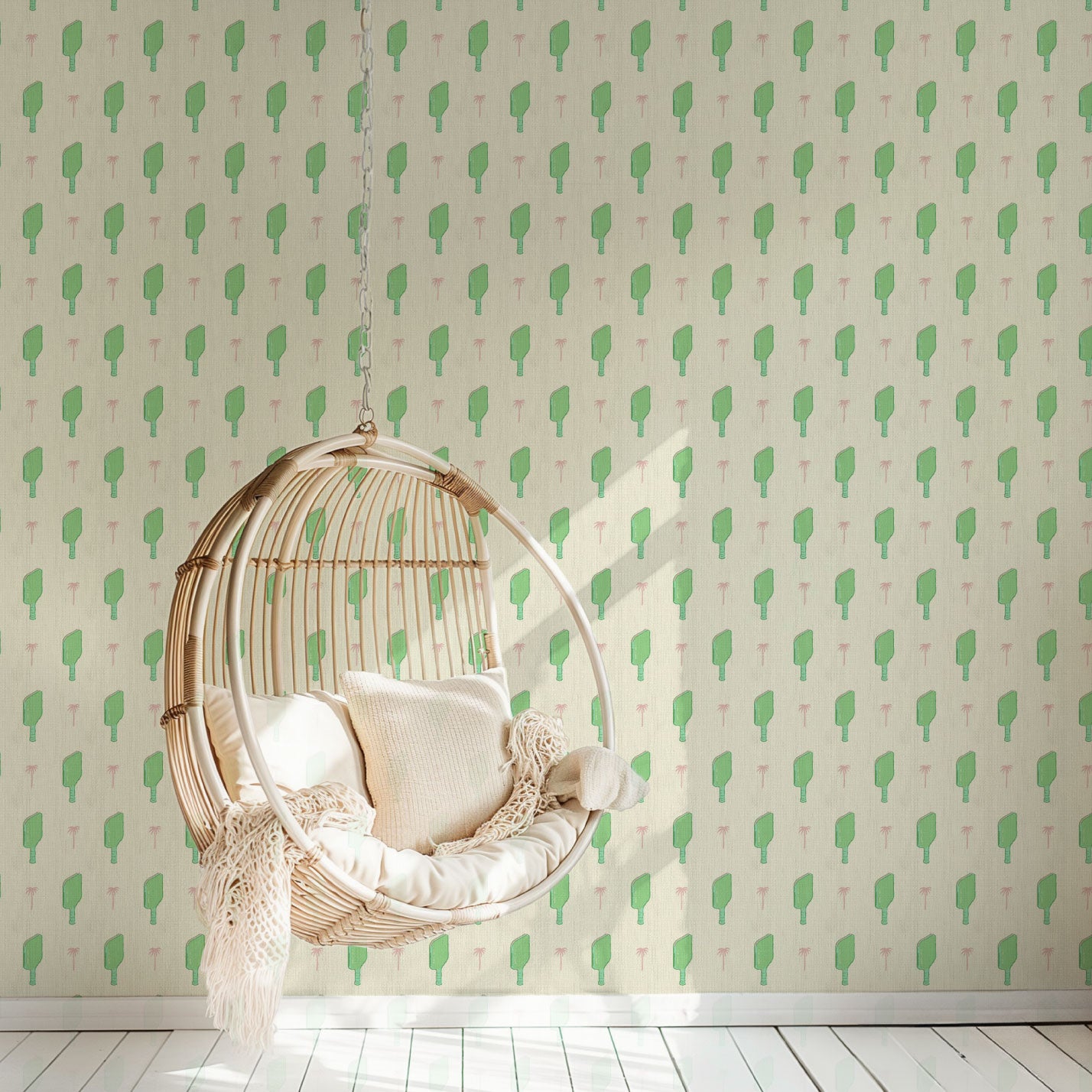 wallpaper Natural Textured Eco-Friendly Non-toxic High-quality  Sustainable Interior Design Bold Custom Tailor-made Retro chic Grand millennial Maximalism  Traditional Dopamine decor tropical palm tree pickleball paddles sports neutral playroom kids paddles green pink palm trees paper weave paperweave basketweave basket weave