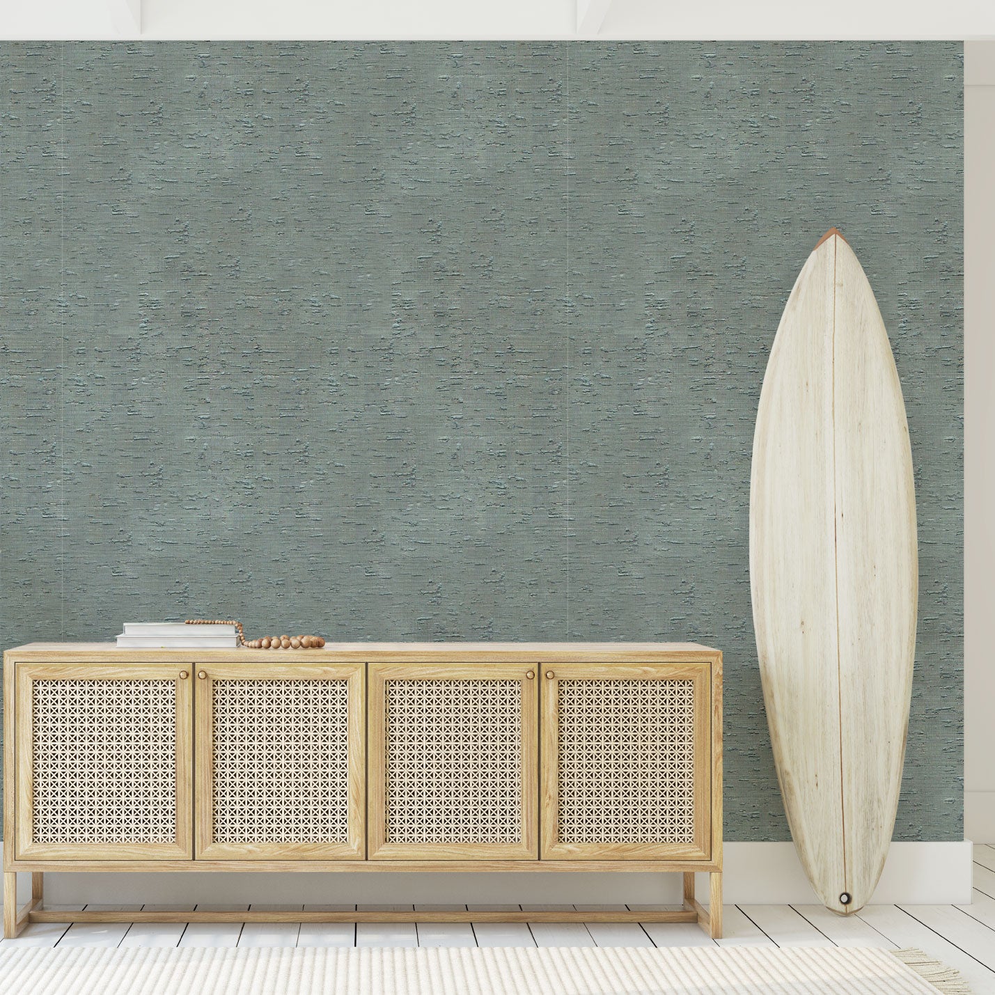 cork wallpaper Natural Textured Eco-Friendly Non-toxic High-quality  Sustainable Interior Design Bold Custom Tailor-made Retro chic Luxury Contemporary Bespoke metallic nature blue teal woodgrain entrance foyer surf credenza