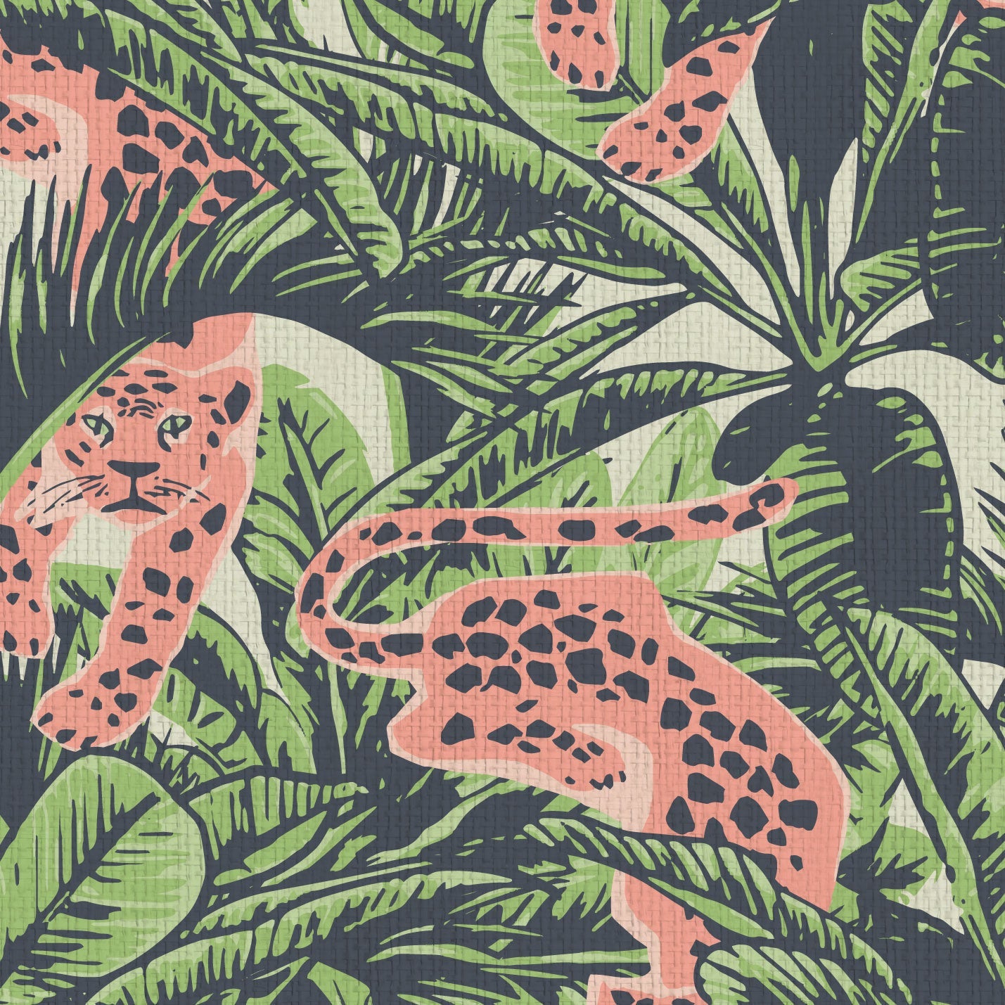 printed wallpaper palm prints in a variety of leaf shapes and variatals. Print includes neon cheetah in a paper cutout artwork aesthetic palm leaves Natural Textured Eco-Friendly Non-toxic High-quality Sustainable Interior Design Bold Custom Tailor-made Retro chic Tropical Jungle Coastal Garden Seaside Seashore Waterfront Vacation home Retreat Relaxed beach vibes Beach Shoreline Oceanfront Nautical Cabana animal green neon coral orange pink zoo kids paperweave paper weave