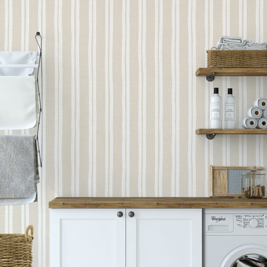 Stripe Stripe Baby Textured Performance Vinyl Wallpaper in White Wedding & Beige