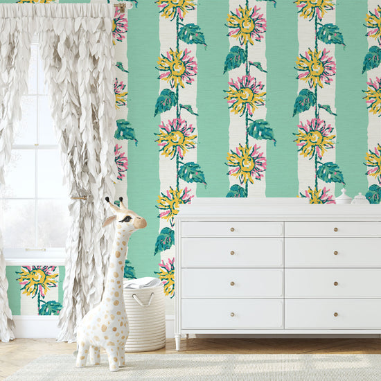 Grasscloth wallpaper Natural Textured Eco-Friendly Non-toxic High-quality  Sustainable Interior Design Bold Custom Tailor-made Retro chic garden cottage floral flower sunflower stripe botanical farm vacation house cabin bespoken sunflower yellow green leaf mint green white kids bedroom nursery