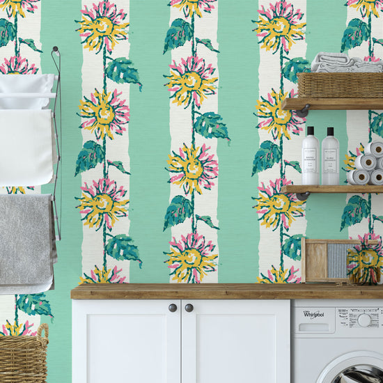 Grasscloth wallpaper Natural Textured Eco-Friendly Non-toxic High-quality  Sustainable Interior Design Bold Custom Tailor-made Retro chic garden cottage floral flower sunflower stripe botanical farm vacation house cabin bespoken sunflower yellow green leaf mint green white laundry room kid