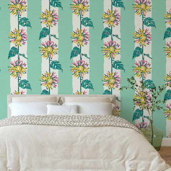 Grasscloth wallpaper Natural Textured Eco-Friendly Non-toxic High-quality  Sustainable Interior Design Bold Custom Tailor-made Retro chic garden cottage floral flower sunflower stripe botanical farm vacation house cabin bespoken sunflower yellow green leaf mint green white bedroom
