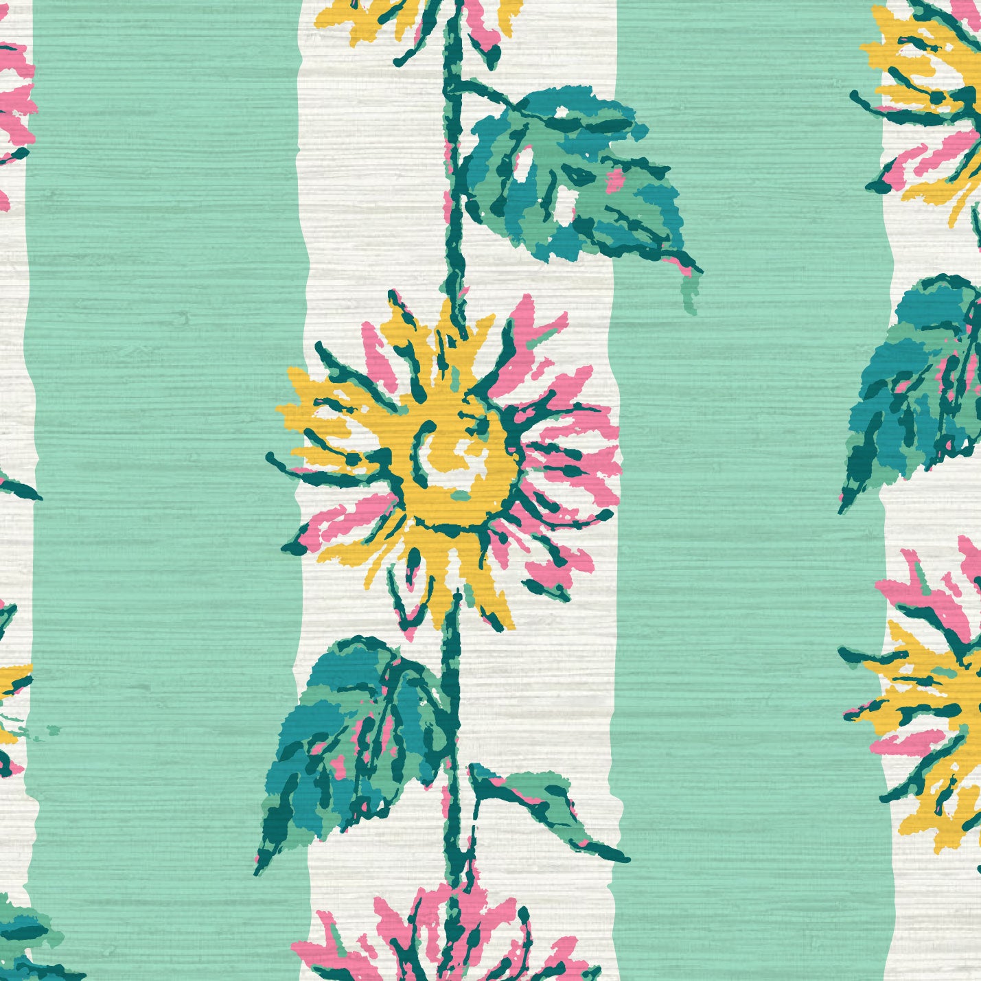 Grasscloth wallpaper Natural Textured Eco-Friendly Non-toxic High-quality  Sustainable Interior Design Bold Custom Tailor-made Retro chic garden cottage floral flower sunflower stripe botanical farm vacation house cabin bespoken sunflower yellow green leaf mint green white 
