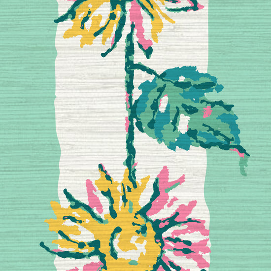 Grasscloth wallpaper Natural Textured Eco-Friendly Non-toxic High-quality  Sustainable Interior Design Bold Custom Tailor-made Retro chic garden cottage floral flower sunflower stripe botanical farm vacation house cabin bespoken sunflower yellow green leaf mint green white 