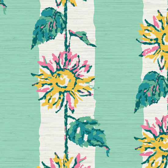 Grasscloth wallpaper Natural Textured Eco-Friendly Non-toxic High-quality  Sustainable Interior Design Bold Custom Tailor-made Retro chic garden cottage floral flower sunflower stripe botanical farm vacation house cabin bespoken sunflower yellow green leaf mint green white 