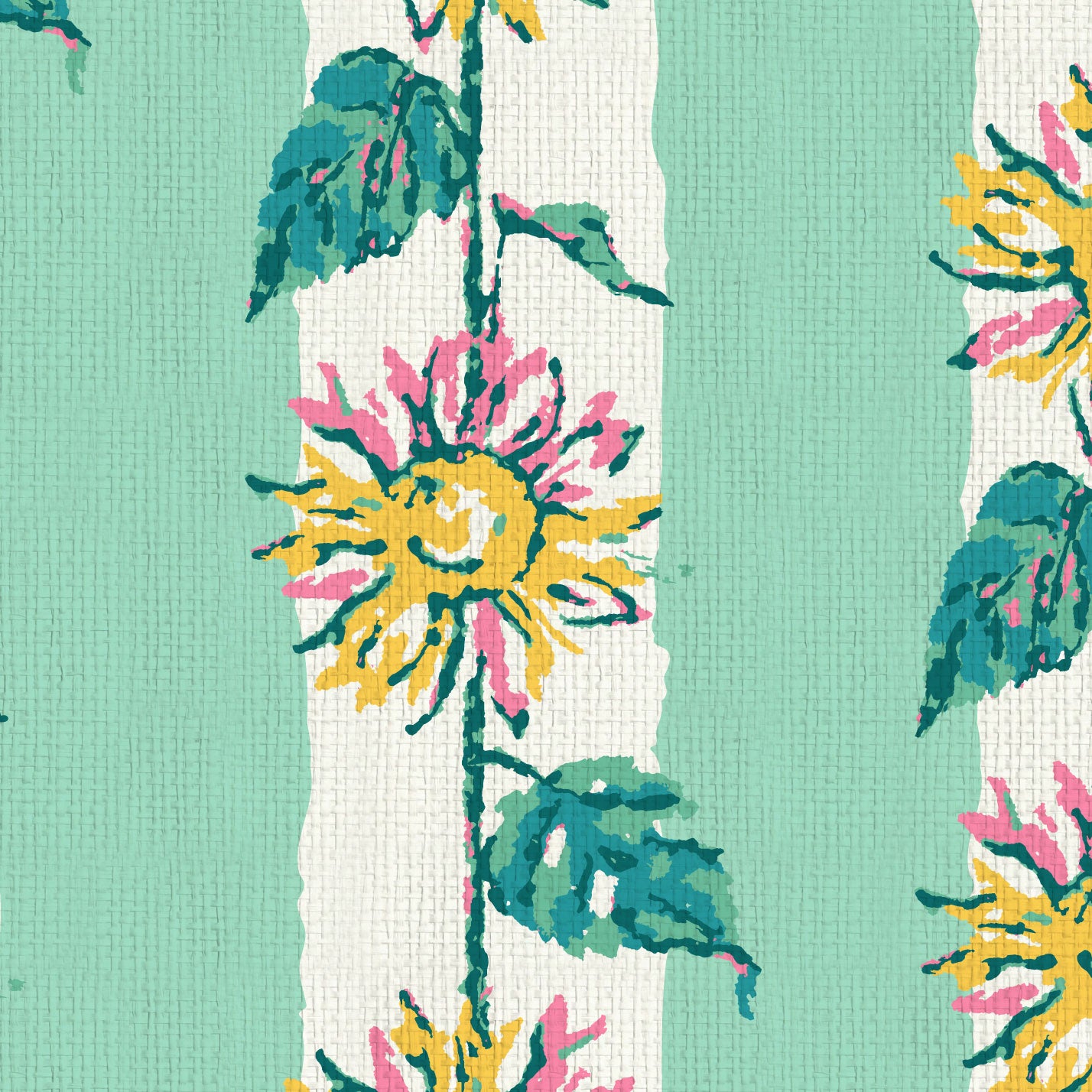 wallpaper Natural Textured Eco-Friendly Non-toxic High-quality  Sustainable Interior Design Bold Custom Tailor-made Retro chic garden cottage floral flower sunflower stripe botanical farm vacation house cabin bespoken sunflower yellow green leaf mint green white paperweave paper weave