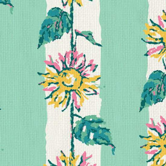 wallpaper Natural Textured Eco-Friendly Non-toxic High-quality  Sustainable Interior Design Bold Custom Tailor-made Retro chic garden cottage floral flower sunflower stripe botanical farm vacation house cabin bespoken sunflower yellow green leaf mint green white paperweave paper weave