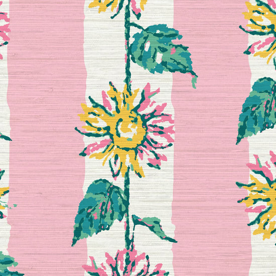 Grasscloth wallpaper Natural Textured Eco-Friendly Non-toxic High-quality  Sustainable Interior Design Bold Custom Tailor-made Retro chic garden cottage floral flower sunflower stripe botanical farm vacation house cabin bespoken sunflower yellow green leaf light pale baby pink green white 