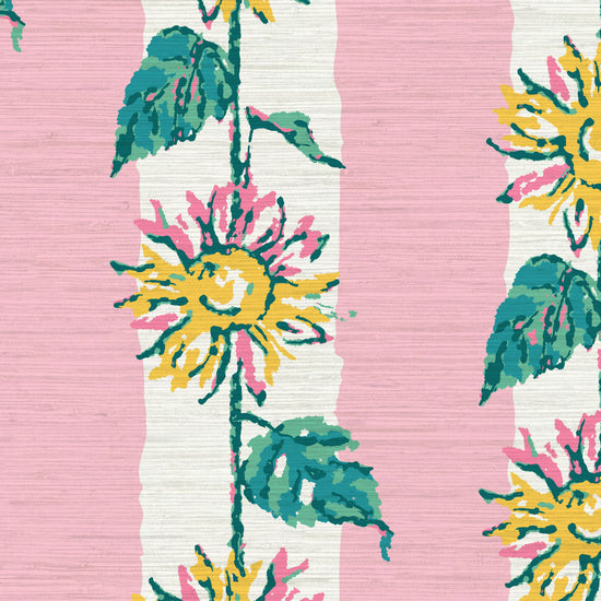 Grasscloth wallpaper Natural Textured Eco-Friendly Non-toxic High-quality  Sustainable Interior Design Bold Custom Tailor-made Retro chic garden cottage floral flower sunflower stripe botanical farm vacation house cabin bespoken sunflower yellow green leaf light pale baby pink green white 