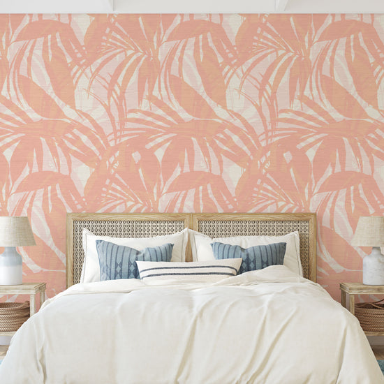 printed grasscloth wallpaper oversize tropical leaf Natural Textured Eco-Friendly Non-toxic High-quality Sustainable practices Sustainability Interior Design Wall covering Bold retro chic custom jungle garden botanical Seaside Coastal Seashore Waterfront Vacation home styling Retreat Relaxed beach vibes Beach cottage Shoreline Oceanfront white palm  coral orange pink