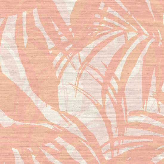 printed grasscloth wallpaper oversize tropical leaf Natural Textured Eco-Friendly Non-toxic High-quality Sustainable practices Sustainability Interior Design Wall covering Bold retro chic custom jungle garden botanical Seaside Coastal Seashore Waterfront Vacation home styling Retreat Relaxed beach vibes Beach cottage Shoreline Oceanfront white palm  coral orange pink