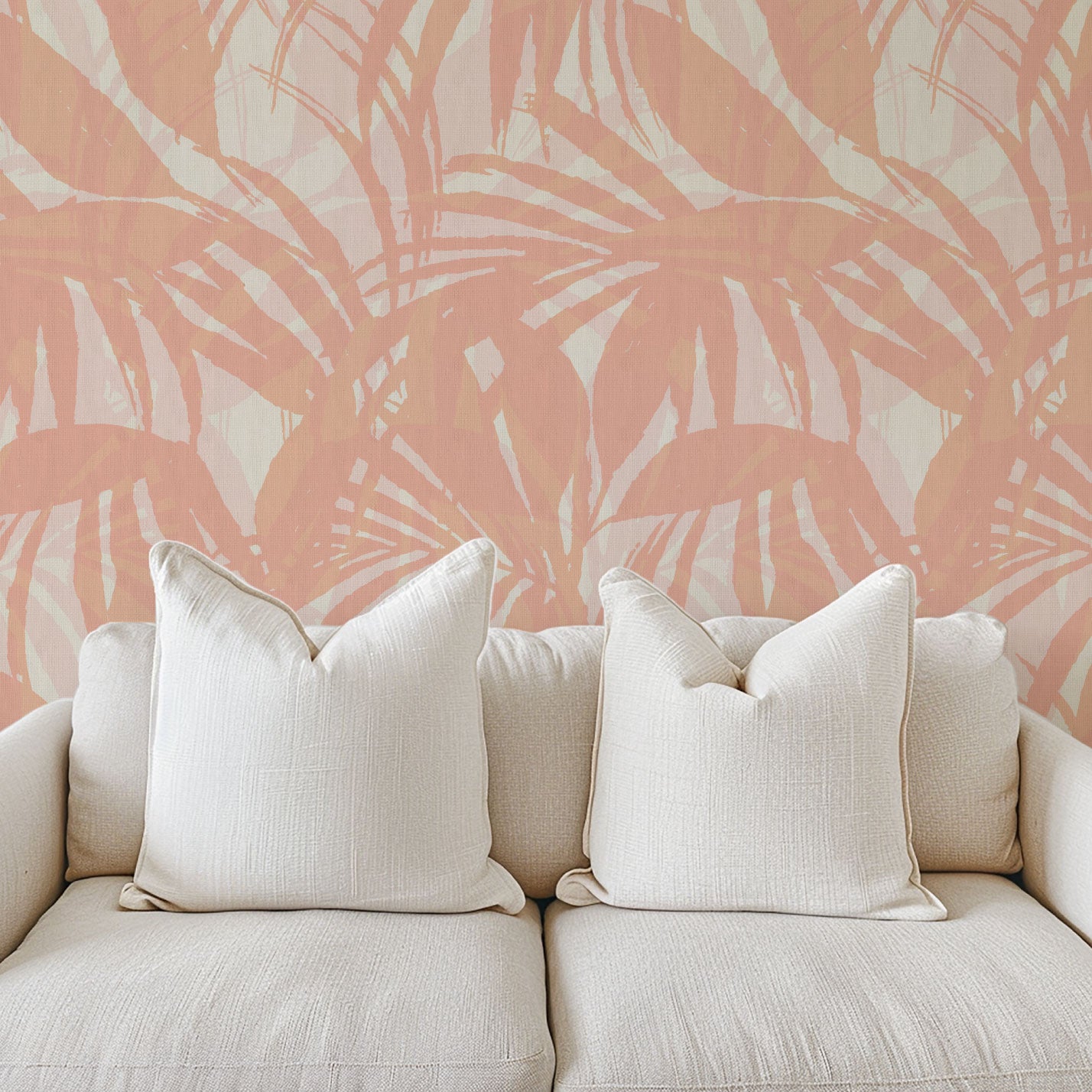 wallpaper oversize tropical leaf Natural Textured Eco-Friendly Non-toxic High-quality Sustainable practices Sustainability Interior Design Wall covering Bold retro chic custom jungle garden botanical Seaside Coastal Seashore Waterfront Vacation home styling Retreat Relaxed beach vibes Beach cottage Shoreline Oceanfront white palm  coral orange pink living room paper weave paperweave basketweave basket weave