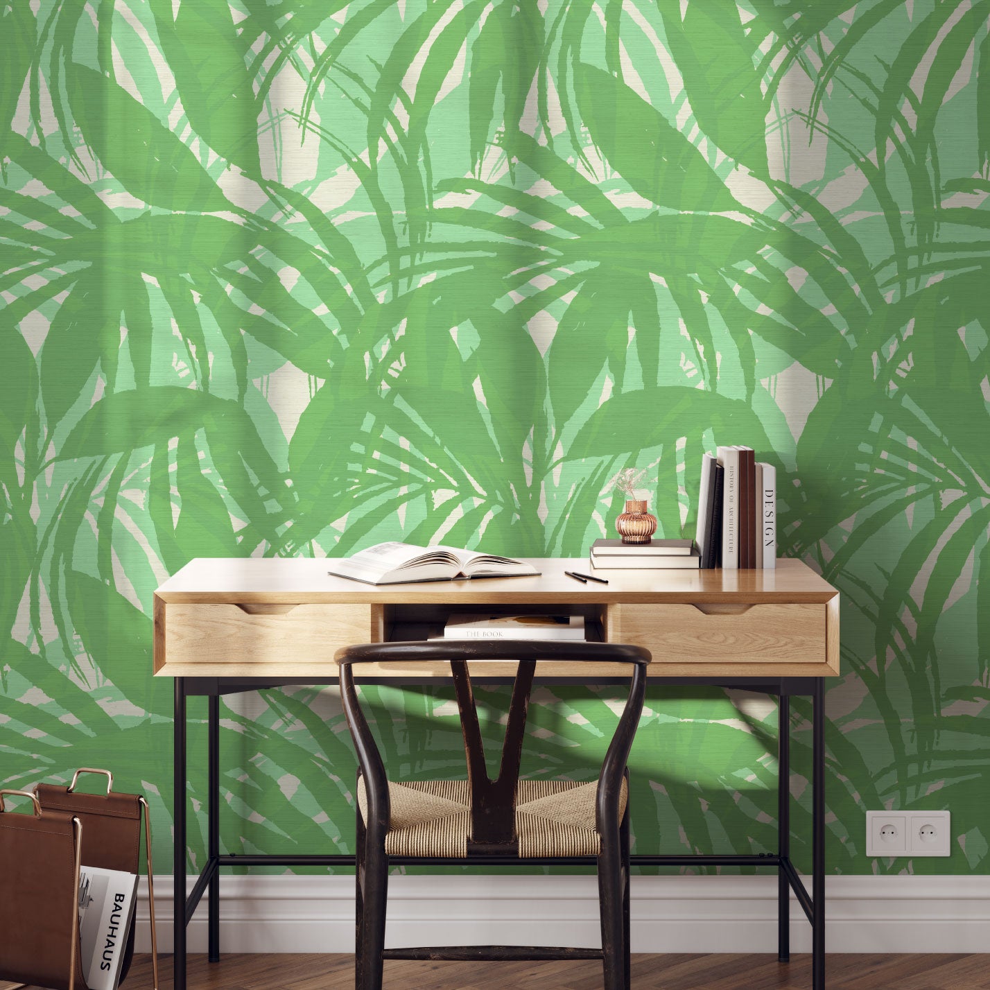 printed grasscloth wallpaper oversize tropical leaf Natural Textured Eco-Friendly Non-toxic High-quality Sustainable practices Sustainability Interior Design Wall covering Bold retro chic custom jungle garden botanical Seaside Coastal Seashore Waterfront Vacation home styling Retreat Relaxed beach vibes Beach cottage Shoreline Oceanfront white kelly paradise green palm 