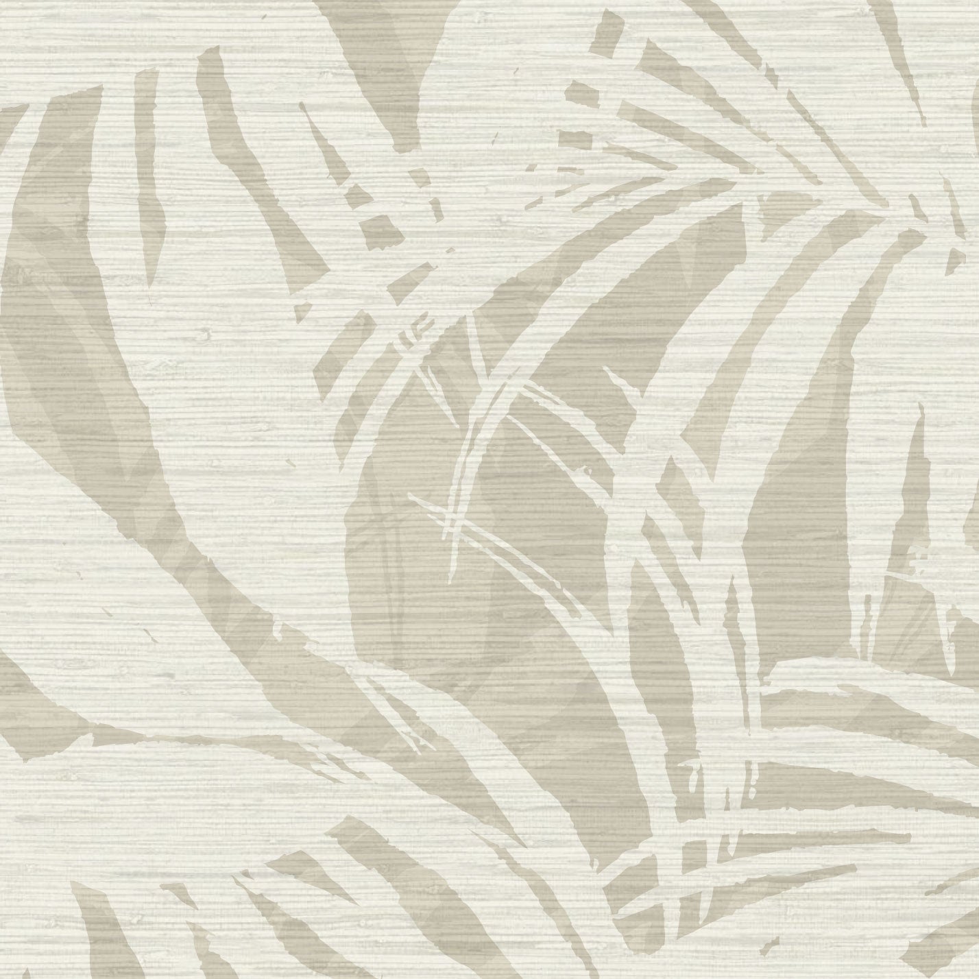 printed grasscloth wallpaper oversize tropical leaf Natural Textured Eco-Friendly Non-toxic High-quality Sustainable practices Sustainability Interior Design Wall covering Bold retro chic custom jungle garden botanical Seaside Coastal Seashore Waterfront Vacation home styling Retreat Relaxed beach vibes Beach cottage Shoreline Oceanfront white palm tan sand beige neutral cream off-white tonal