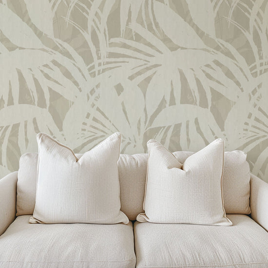 wallpaper oversize tropical leaf Natural Textured Eco-Friendly Non-toxic High-quality Sustainable practices Sustainability Interior Design Wall covering Bold retro chic custom jungle garden botanical Seaside Coastal Seashore Waterfront Vacation home styling Retreat Relaxed beach vibes Beach cottage Shoreline Oceanfront white palm tan sand beige neutral cream off-white tonal paper weave paperweave basketweave basket weave