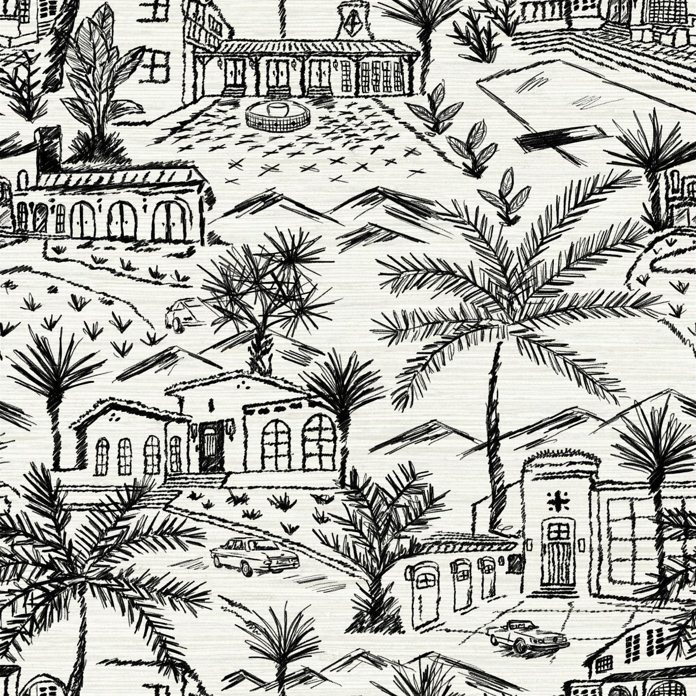 Grasscloth printed modern toile design featuring white base and black graphic for a one color print with Spanish style houses, variety of palm trees and tropical and desert inspired plants, massive pools, vintage cars and fountains with mountains in the background.