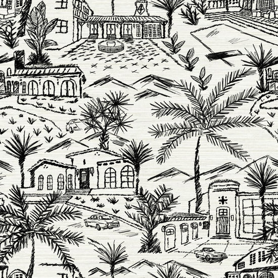 Load image into Gallery viewer, Grasscloth printed modern toile design featuring white base and black graphic for a one color print with Spanish style houses, variety of palm trees and tropical and desert inspired plants, massive pools, vintage cars and fountains with mountains in the background.
