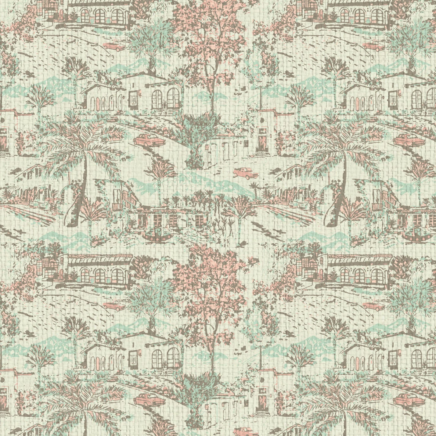 wallpaper Natural Textured Eco-Friendly Non-toxic High-quality Sustainable Interior Design Bold Custom Tailor-made Retro chic tropical coastal garden vacation toile toile de jouy vintage spanish houses car palm tree bougainvillea preppy timeless classic nature mountains ojai california cream off-white pastel pink mint green floral flowers paperweave paper weave