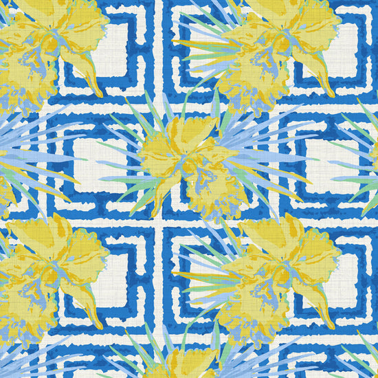 The Glamorous Life Hibiscus Breeze Block Textured Performance Vinyl Wallpaper in Blue & Yellow Submarine