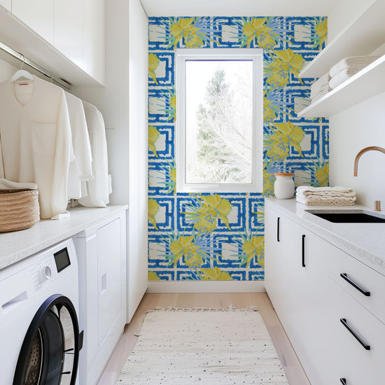 The Glamorous Life Hibiscus Breeze Block Textured Performance Vinyl Wallpaper in Blue & Yellow Submarine