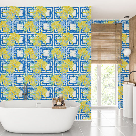 The Glamorous Life Hibiscus Breeze Block Textured Performance Vinyl Wallpaper in Blue & Yellow Submarine