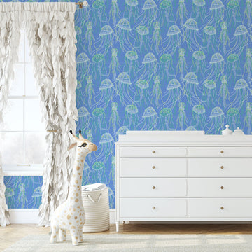 Grasscloth Paper Weave wallpaper Natural Textured Eco-Friendly Non-toxic High-quality Sustainable Interior Design Bold Custom Tailor-made Retro chic Grand millennial Maximalism Traditional Dopamine decor coastal seaside cottage seashore waterfront retreat beach nautical oceanfront fish jellyfish sea creature underwater kids playroom nursery ocean blue royal aqua green sky