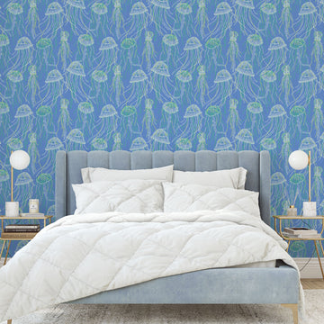 Grasscloth Paper Weave wallpaper Natural Textured Eco-Friendly Non-toxic High-quality Sustainable Interior Design Bold Custom Tailor-made Retro chic Grand millennial Maximalism Traditional Dopamine decor coastal seaside cottage seashore waterfront retreat beach nautical oceanfront fish jellyfish sea creature underwater kids playroom nursery ocean blue royal aqua green sky