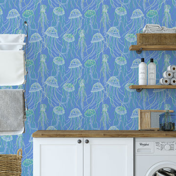 Grasscloth Paper Weave wallpaper Natural Textured Eco-Friendly Non-toxic High-quality Sustainable Interior Design Bold Custom Tailor-made Retro chic Grand millennial Maximalism Traditional Dopamine decor coastal seaside cottage seashore waterfront retreat beach nautical oceanfront fish jellyfish sea creature underwater kids playroom nursery ocean blue royal aqua green sky