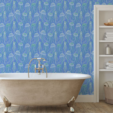 vinyl wallpaper Textured High-quality Interior Design Bold Custom Tailor-made Retro Chic Grand millennial Maximalism  Traditional Dopamine decor coastal seaside cottage seashore waterfront retreat beach nautical oceanfront fish jellyfish sea creature underwater kids playroom nursery ocean blue royal aqua green sky performance vinyl waterproof washable moisture resistant commercial fire rated