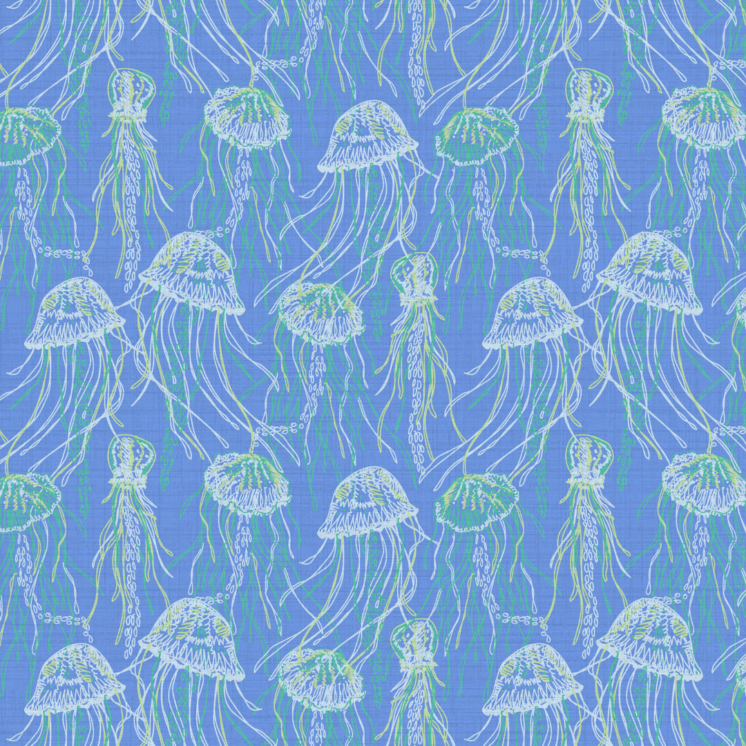vinyl wallpaper Textured High-quality Interior Design Bold Custom Tailor-made Retro Chic Grand millennial Maximalism  Traditional Dopamine decor coastal seaside cottage seashore waterfront retreat beach nautical oceanfront fish jellyfish sea creature underwater kids playroom nursery ocean blue royal aqua green sky performance vinyl waterproof washable moisture resistant commercial fire rated