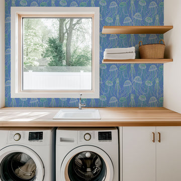 vinyl wallpaper Textured High-quality Interior Design Bold Custom Tailor-made Retro Chic Grand millennial Maximalism  Traditional Dopamine decor coastal seaside cottage seashore waterfront retreat beach nautical oceanfront fish jellyfish sea creature underwater kids playroom nursery ocean blue royal aqua green sky performance vinyl waterproof washable moisture resistant commercial fire rated