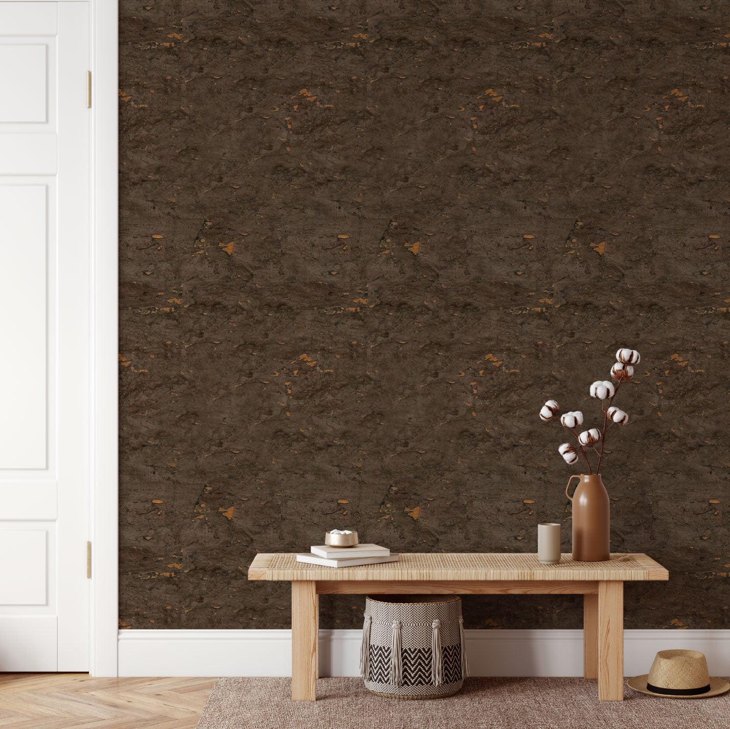 wallpaper Natural Textured Eco-Friendly Non-toxic High-quality  Sustainable Interior Design Bold Custom Tailor-made Retro chic cork anti-microbial moisture resistant nature wood grain lux metallic shiny cabin brown neutral bronze