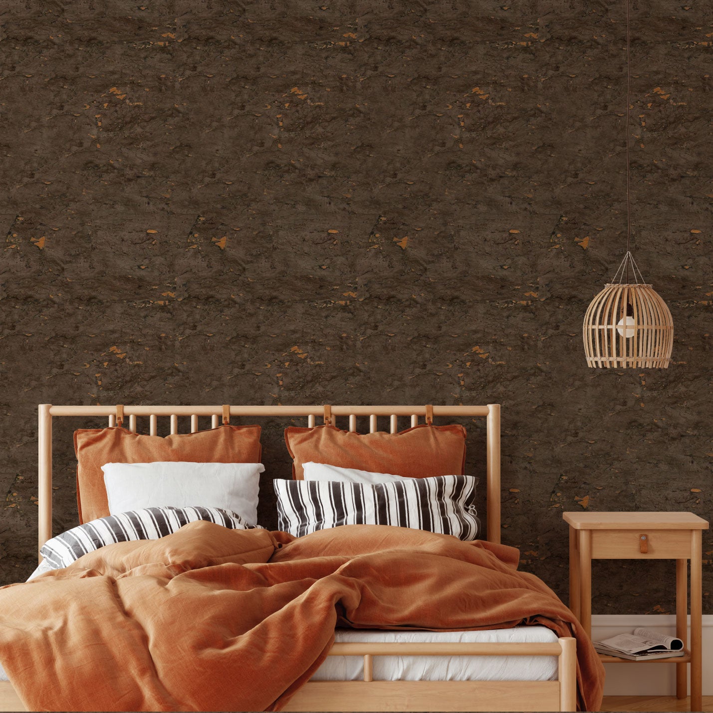 wallpaper Natural Textured Eco-Friendly Non-toxic High-quality  Sustainable Interior Design Bold Custom Tailor-made Retro chic cork anti-microbial moisture resistant nature wood grain lux metallic shiny cabin brown neutral bronze bedroom