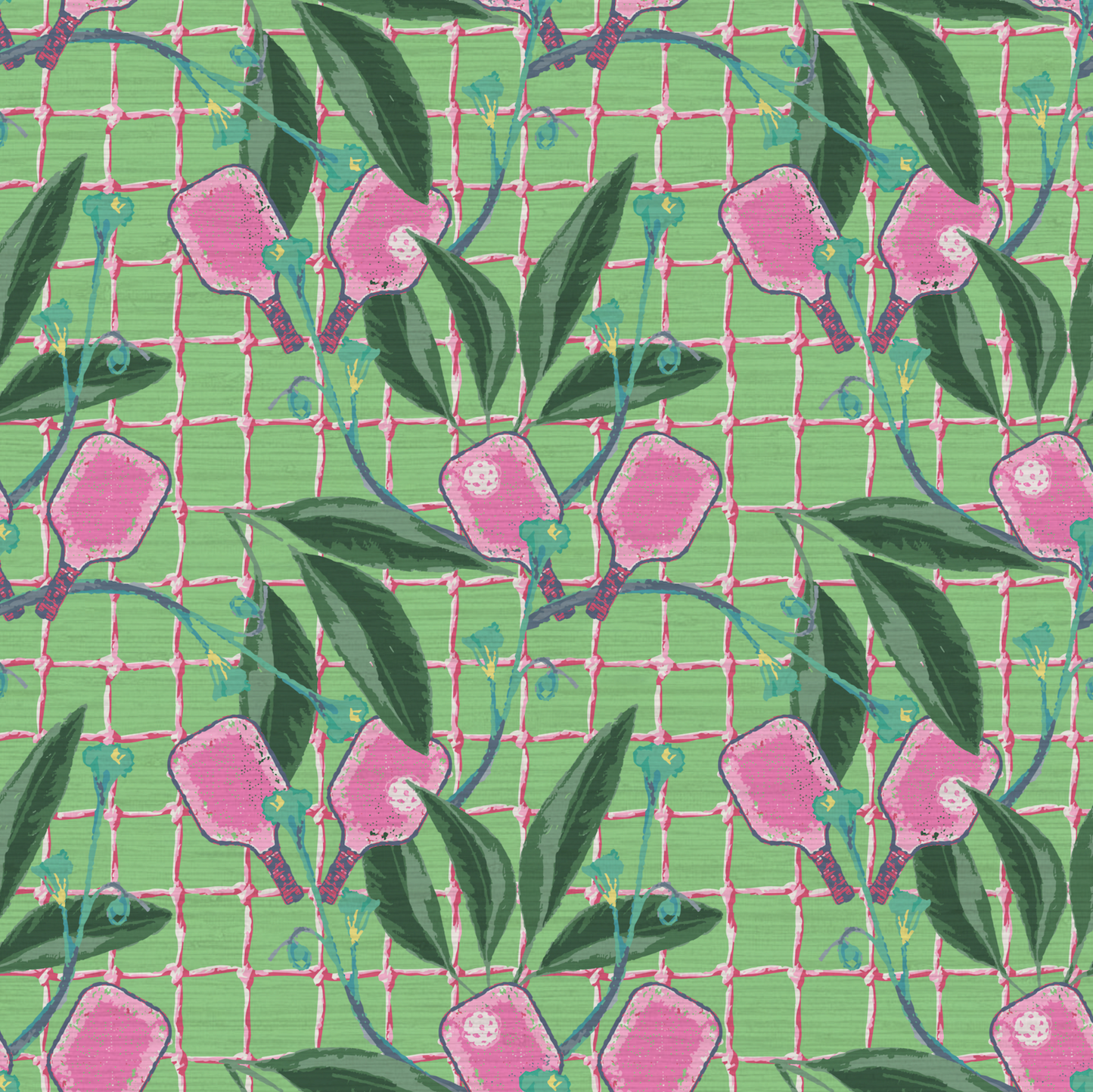 Grasscloth wallpaper Natural Textured Eco-Friendly Non-toxic High-quality  Sustainable Interior Design Bold Custom Tailor-made Retro chic Bold tropical coastal sport pickleball palm leaf kids game gameroom garden botanical Vacation home styling Retreat Relaxed beach vibes pink paddles preppy