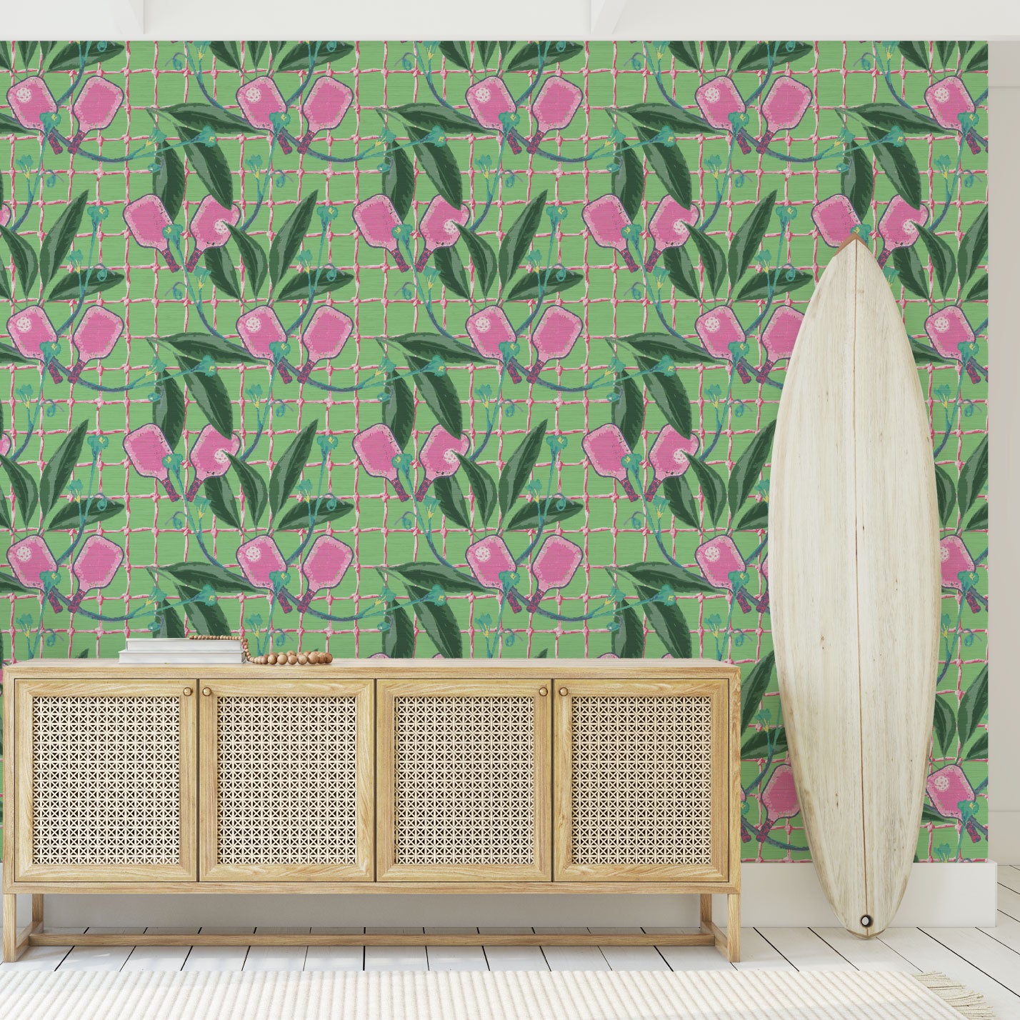 Grasscloth wallpaper Natural Textured Eco-Friendly Non-toxic High-quality  Sustainable Interior Design Bold Custom Tailor-made Retro chic Bold tropical coastal sport pickleball palm leaf kids game gameroom garden botanical Vacation home styling Retreat Relaxed beach vibes pink paddles preppy