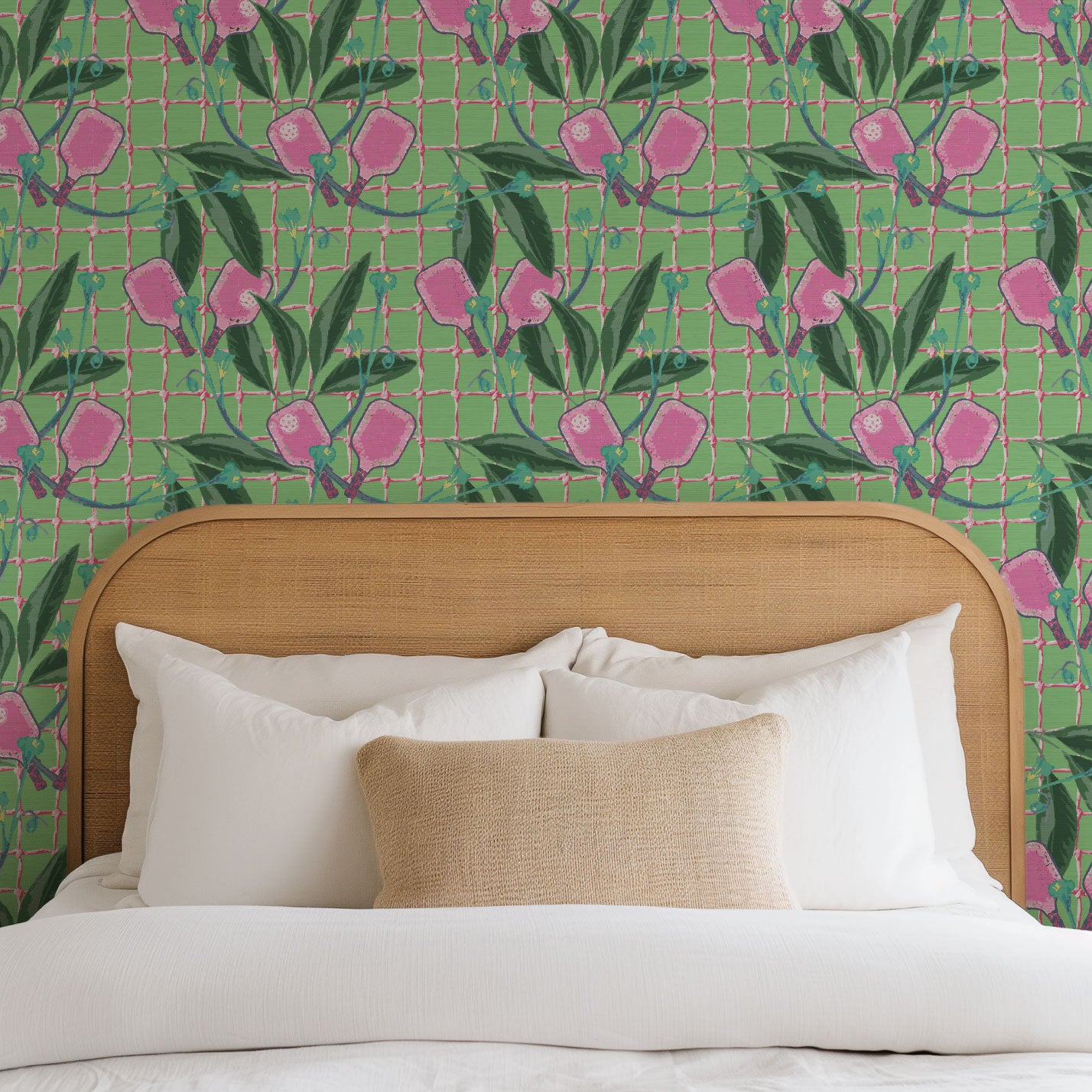 Grasscloth wallpaper Natural Textured Eco-Friendly Non-toxic High-quality  Sustainable Interior Design Bold Custom Tailor-made Retro chic Bold tropical coastal sport pickleball palm leaf kids game gameroom garden botanical Vacation home styling Retreat Relaxed beach vibes pink paddles preppy