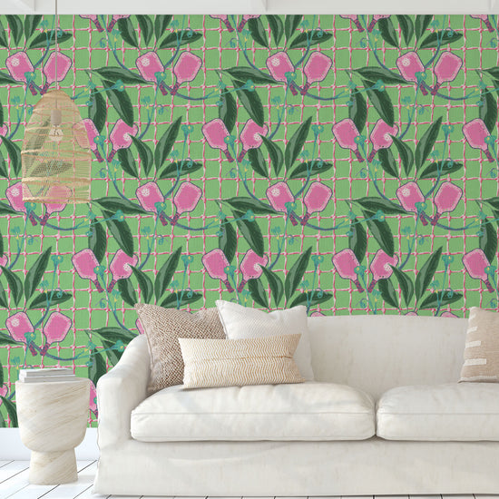 wallpaper Natural Textured Eco-Friendly Non-toxic High-quality  Sustainable Interior Design Bold Custom Tailor-made Retro chic Bold tropical coastal sport pickleball palm leaf kids game gameroom garden botanical Vacation home styling Retreat Relaxed beach vibes pink paddles preppy paper weave paperweave basketweave basket weave