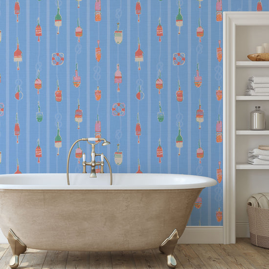 Tide is High Nautical Buoy Striped Textured Performance Vinyl Wallpaper in Blue Hawaii