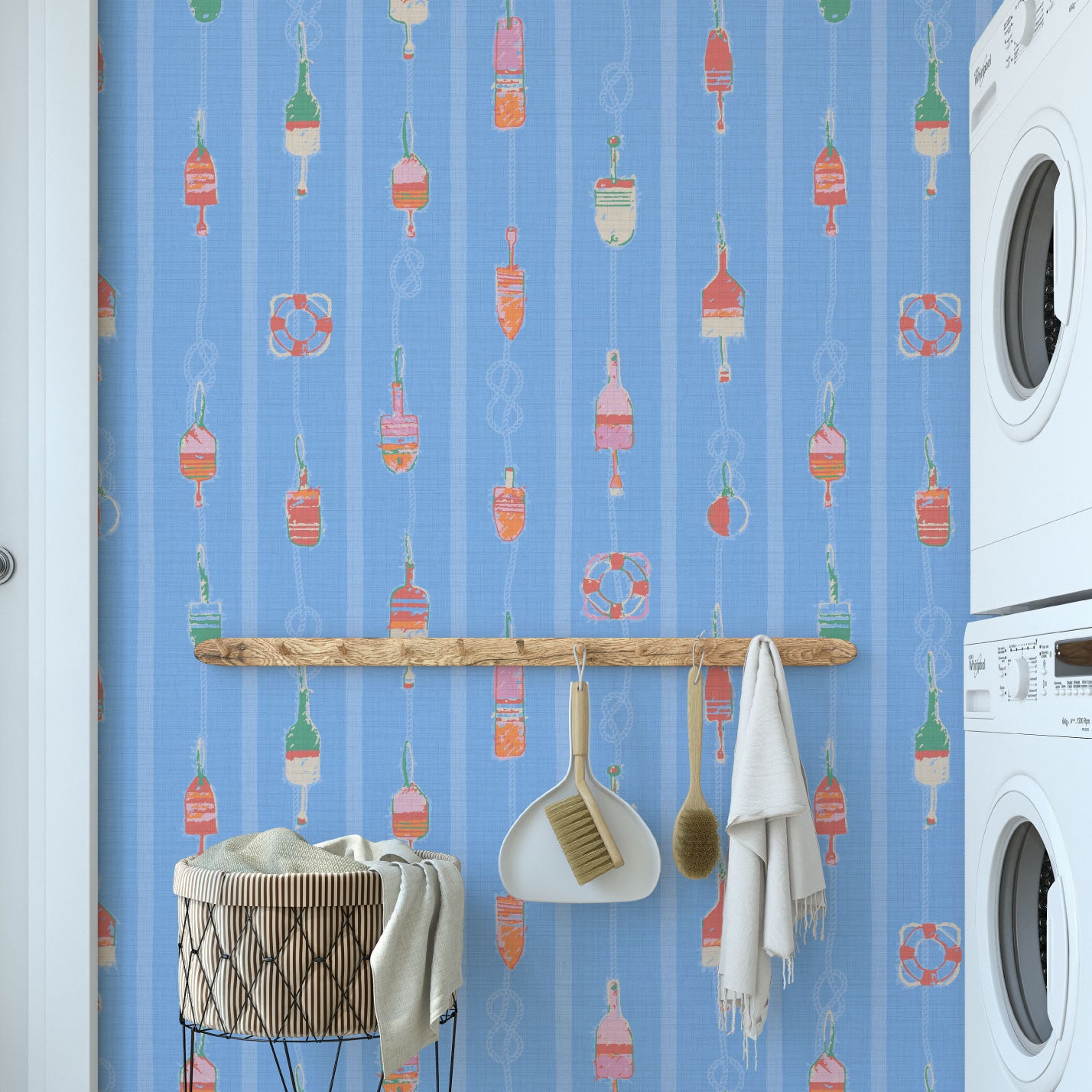 Tide is High Nautical Buoy Striped Textured Performance Vinyl Wallpaper in Blue Hawaii