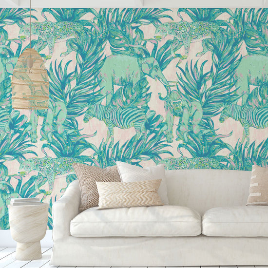 wallpaper Natural Textured Eco-Friendly Non-toxic High-quality Sustainable Interior Design Bold Custom Tropical Jungle Coastal Garden palm leaf tree zoo safari elephant zebra cheetah gorilla water color oversized kids playroom nursery teal green pastel neon pink paperweave paper weave