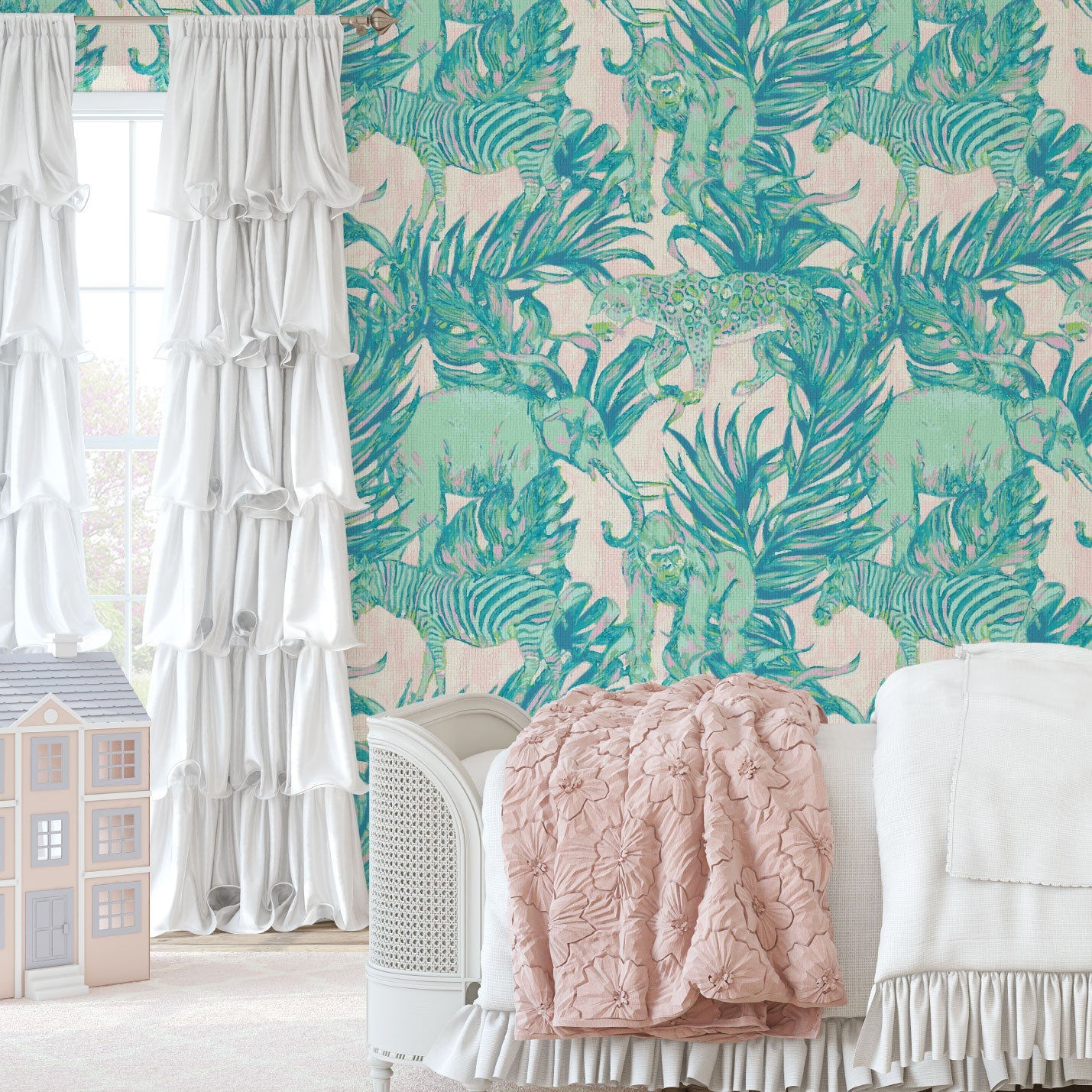 wallpaper Natural Textured Eco-Friendly Non-toxic High-quality Sustainable Interior Design Bold Custom Tropical Jungle Coastal Garden palm leaf tree zoo safari elephant zebra cheetah gorilla water color oversized kids playroom nursery teal green pastel neon pink paperweave paper weave