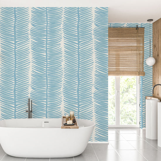 Tickets to Paradise Palm Leaf Stripe Textured Performance Vinyl Wallpaper in Billy's Ocean Blue