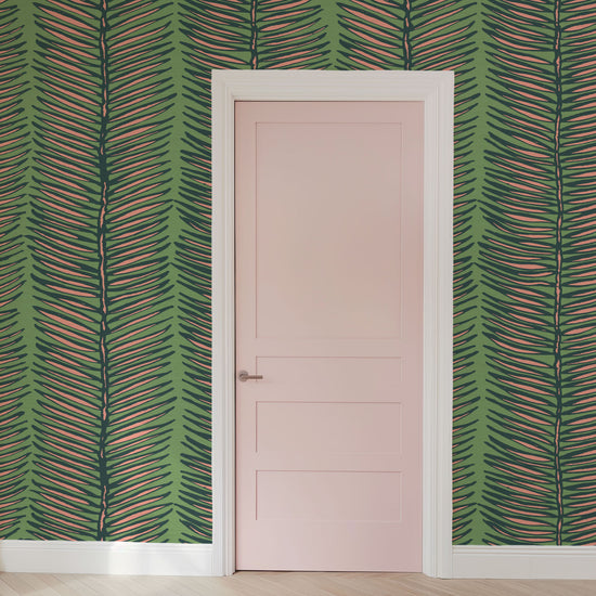 Grasscloth wallpaper Natural Textured Eco-Friendly Non-toxic High-quality Sustainable Interior Design Bold Custom Tailor-made Retro chic Tropical Jungle Coastal Garden Seaside Seashore Waterfront Vacation home styling Retreat Relaxed beach vibes Beach cottage Shoreline Oceanfront Nautical Cabana preppy palm fern leaf vertical stripe jungle green neon pink