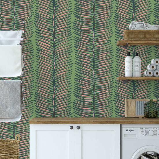 Tickets to Paradise Palm Leaf Stripe Textured Performance Vinyl Wallpaper in Fly Away Fuchsia & Green