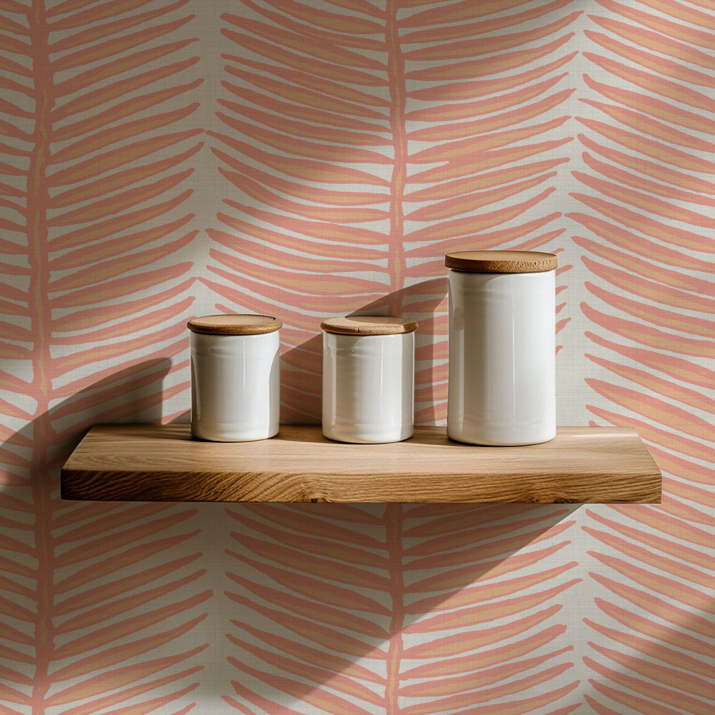 Tickets to Paradise Palm Leaf Stripe Textured Performance Vinyl Wallpaper in Golden Hour Coral Wallpaper