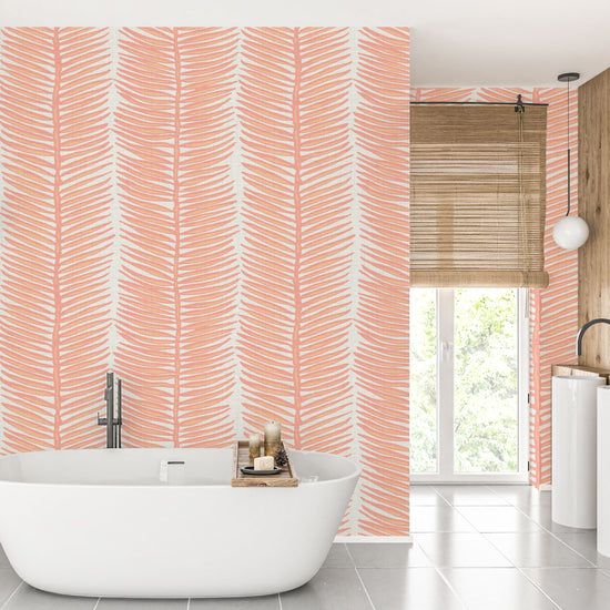 Tickets to Paradise Palm Leaf Stripe Textured Performance Vinyl Wallpaper in Golden Hour Coral Wallpaper