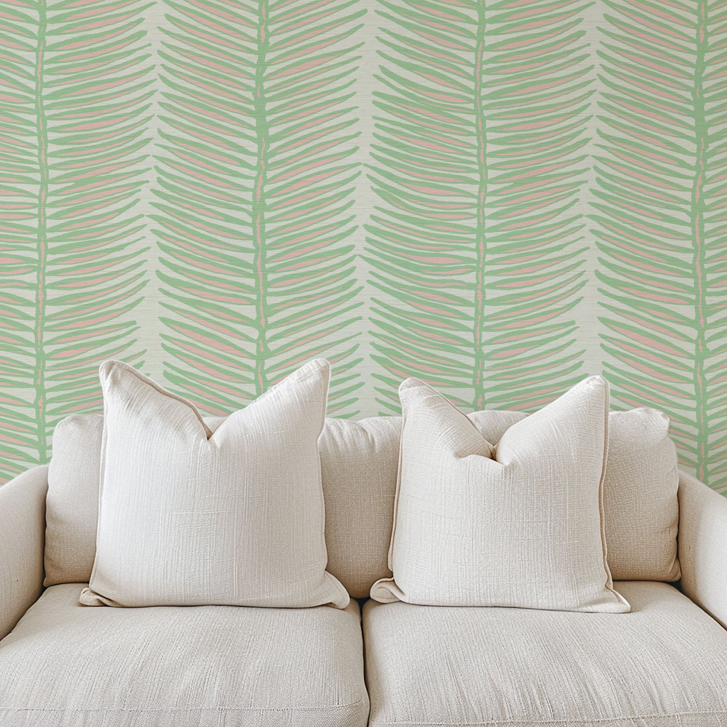 Grasscloth wallpaper Natural Textured Eco-Friendly Non-toxic High-quality Sustainable Interior Design Bold Custom Tailor-made Retro chic Tropical Jungle Coastal Garden Seaside Seashore Waterfront Vacation home styling Retreat Relaxed beach vibes Beach cottage Shoreline Oceanfront Nautical Cabana preppy palm fern leaf vertical stripe pastel pink light pale mint green