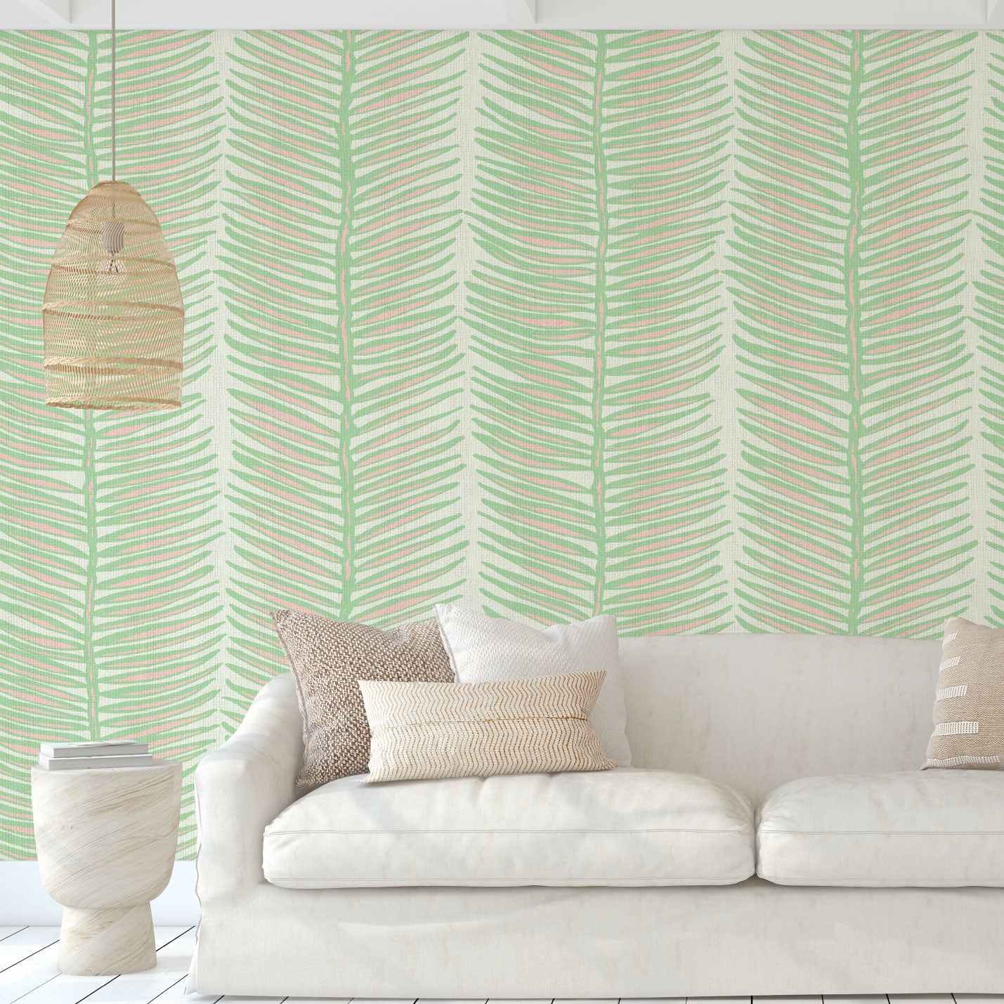 paper weave wallpaper Natural Textured Eco-Friendly Non-toxic High-quality Sustainable Interior Design Bold Custom Tailor-made Retro chic Tropical Jungle Coastal Garden Seaside Seashore Waterfront Vacation home styling Retreat Relaxed beach vibes Beach cottage Shoreline Oceanfront Nautical Cabana preppy palm fern leaf vertical stripe pastel pink light pale mint green