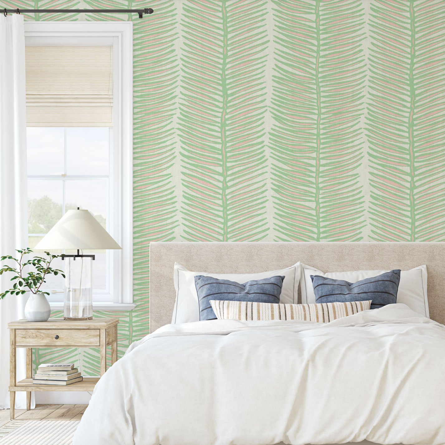 paper weave wallpaper Natural Textured Eco-Friendly Non-toxic High-quality Sustainable Interior Design Bold Custom Tailor-made Retro chic Tropical Jungle Coastal Garden Seaside Seashore Waterfront Vacation home styling Retreat Relaxed beach vibes Beach cottage Shoreline Oceanfront Nautical Cabana preppy palm fern leaf vertical stripe pastel pink light pale mint green